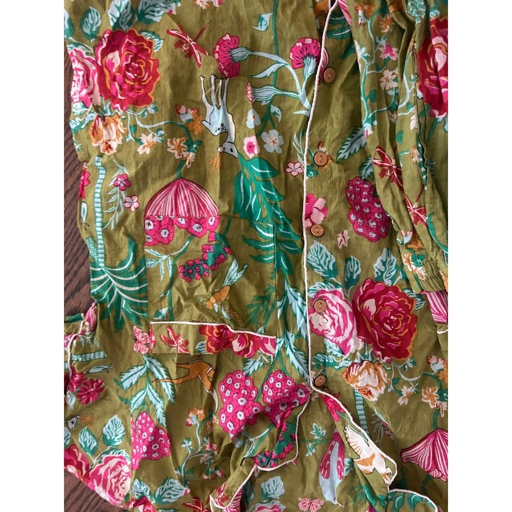 Amranis Pajama Set Green Floral Bird Deer Print Cotton Short Sleeve Sleepwear M